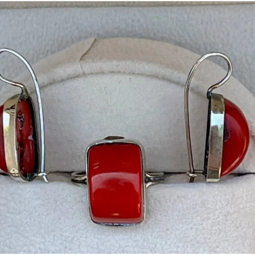 Sterling Silver and Red Coral Ring and Earring Statement Set EUC Size 6.75